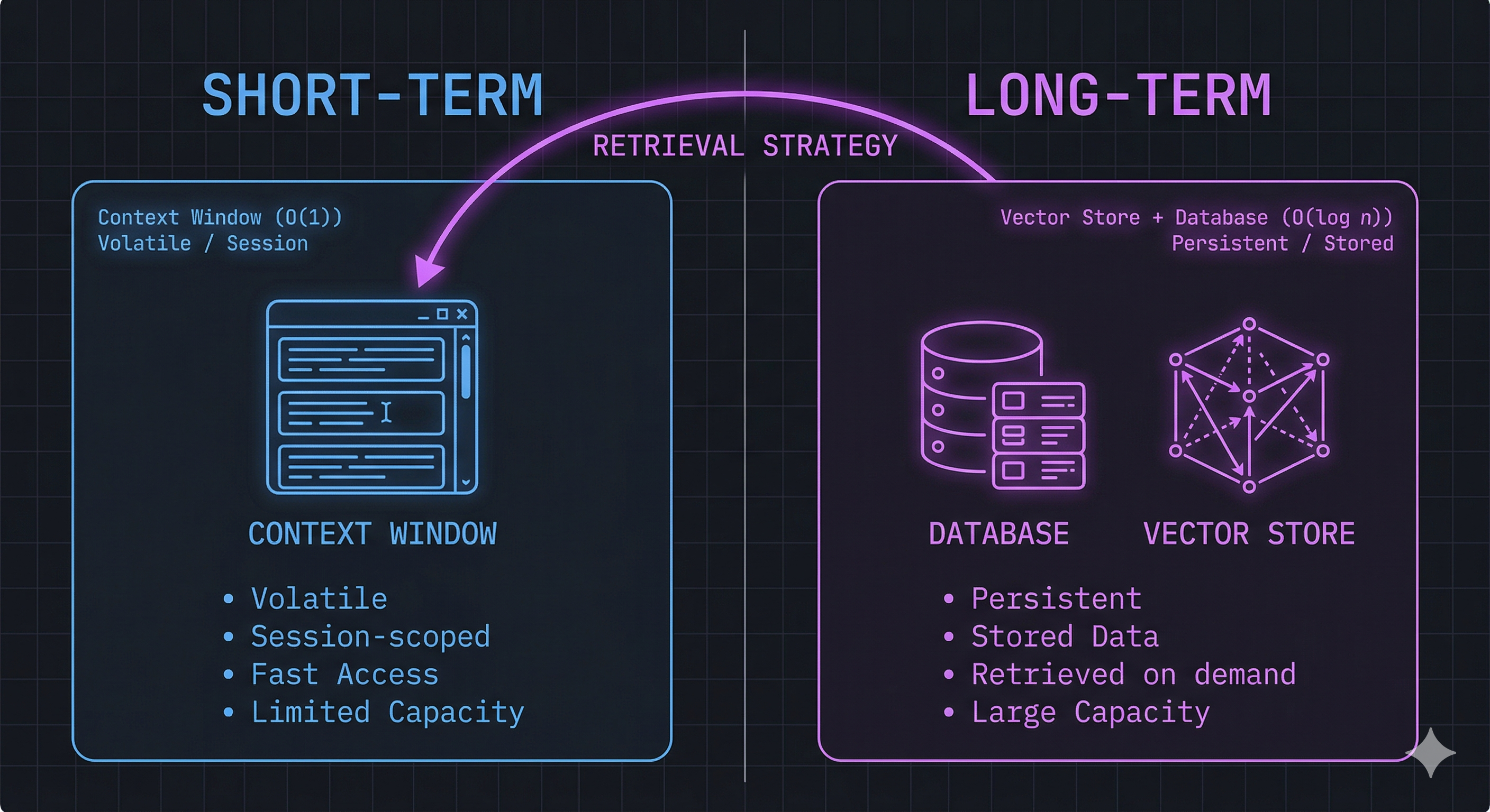 Diagram contrasting short-term memory (context window, volatile, session-scoped) with long-term memory (vector store + database, persistent, retrieved on demand).